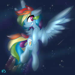 Size: 2800x2800 | Tagged: safe, artist:nekosnicker, character:rainbow dash, species:pegasus, species:pony, female, flying, looking at you, mare, night, night sky, rainbow trail, sky, solo, spread wings, wings