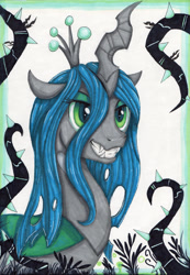 Size: 1024x1483 | Tagged: safe, artist:sparklyon3, rcf community, character:queen chrysalis, species:changeling, black vine, changeling queen, female, grin, portrait, smiling, solo, traditional art