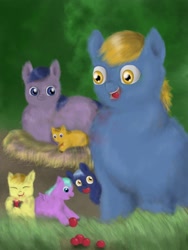 Size: 1536x2048 | Tagged: safe, artist:waggytail, berries, feral fluffy pony, fluffy family, fluffy pony, fluffy pony foals, hugbox