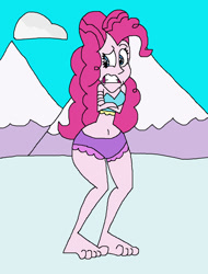 Size: 955x1257 | Tagged: safe, artist:hunterxcolleen, character:pinkie pie, my little pony:equestria girls, belly button, bikini, clothing, cold, female, freezing, freezing fetish, humanized, mountain, shivering, snow, solo, swimsuit