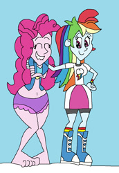 Size: 955x1385 | Tagged: safe, artist:hunterxcolleen, character:pinkie pie, character:rainbow dash, ship:pinkiedash, my little pony:equestria girls, barefoot, belly button, bikini, clothing, cold, feet, female, humanized, jacket, lesbian, shipping, snow, swimsuit, warmth