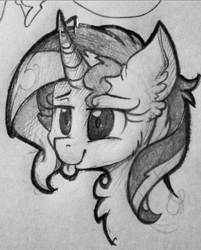 Size: 602x748 | Tagged: safe, artist:shyshyoctavia, character:sunset shimmer, species:pony, species:unicorn, female, monochrome, pencil drawing, solo, tongue out, traditional art
