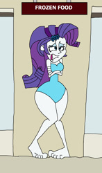 Size: 955x1621 | Tagged: safe, artist:hunterxcolleen, character:rarity, my little pony:equestria girls, barefoot, bikini, clothing, cold, feet, female, freezing, freezing fetish, frozen, humanized, one-piece swimsuit, shivering, solo, store, supermarket, swimsuit, wide hips