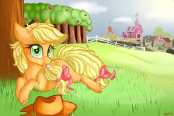 Size: 3000x2000 | Tagged: safe, artist:shyshyoctavia, character:applejack, species:pony, apple tree, cheek fluff, cloud, cloudy, cute, female, filly, fluffy, grass, hatless, missing accessory, prone, solo, sweet apple acres, tongue out, unshorn fetlocks, who's a silly pony