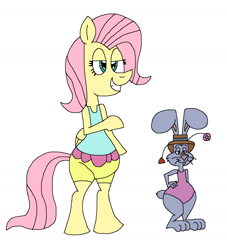 Size: 1285x1413 | Tagged: safe, artist:hunterxcolleen, character:fluttershy, species:pony, species:rabbit, bikini, bipedal, clothing, crossover, don bluth, one-piece swimsuit, out of character, rock-a-doodle, swimsuit