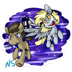 Size: 2800x2800 | Tagged: safe, artist:nekosnicker, character:derpy hooves, character:doctor whooves, character:time turner, species:pegasus, species:pony, doctor who, female, mare, mouth hold, smiling, smirk, sonic screwdriver, space, stars, tardis