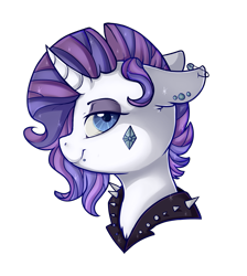 Size: 1341x1500 | Tagged: safe, artist:shyshyoctavia, character:rarity, species:pony, species:unicorn, alternate hairstyle, alternative cutie mark placement, bust, choker, ear piercing, facial cutie mark, female, floppy ears, lidded eyes, lip piercing, piercing, portrait, punk, safety pin, simple background, smiling, solo, spiked choker, transparent background