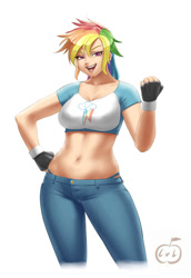 Size: 800x1160 | Tagged: safe, artist:lvl, character:rainbow dash, species:human, belly button, breasts, busty rainbow dash, clothing, female, fingerless gloves, gloves, humanized, jeans, midriff, panties, solo, stupid sexy rainbow dash, tank top, thong, underwear