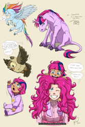Size: 794x1190 | Tagged: safe, artist:hazurasinner, character:owlowiscious, character:pinkie pie, oc, oc:starchaser, oc:windy belle, parent:fluttershy, parent:pinkie pie, parent:rainbow dash, parent:twilight sparkle, parents:flutterdash, parents:twinkie, species:classical unicorn, species:human, grin, humanized, leonine tail, magical lesbian spawn, messy mane, offspring, open mouth, sitting, smiling, spread wings, wings, wink