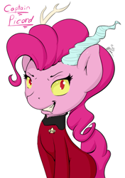 Size: 429x609 | Tagged: safe, artist:krucification, character:discord, character:pinkie pie, crossover, hybrid, portrait, pun, q, star trek