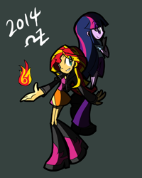 Size: 700x875 | Tagged: safe, artist:rvceric, character:sunset shimmer, character:twilight sparkle, my little pony:equestria girls, clothing, fiery shimmer, fire, magic, pyromancy, simple background, skirt