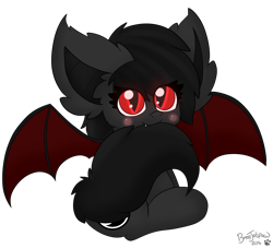 Size: 1100x1000 | Tagged: safe, artist:miss-jessiie, oc, oc only, oc:qetesh, species:bat pony, species:pony, blushing, cute, fangs, night, simple background, tail bite, transparent background