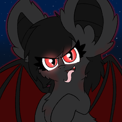 Size: 1000x1000 | Tagged: safe, artist:miss-jessiie, oc, oc only, oc:qetesh, species:bat pony, species:pony, fangs, glowing eyes, halloween, spooky, tongue out
