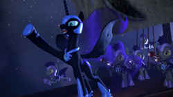 Size: 3840x2160 | Tagged: safe, artist:argodaemon, character:nightmare moon, character:princess luna, species:bat pony, species:pony, 3d, boat, echo (bat pony), echo and nocturn, musical instrument, night guard, nocturn, open mouth, raised hoof, royal guard, sail, singing, source filmmaker, trumpet