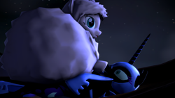 Size: 3840x2160 | Tagged: safe, artist:argodaemon, character:nightmare moon, character:princess luna, oc, oc:fluffle puff, 3d, blep, boop, on back, on top, source filmmaker, tongue out, wide eyes