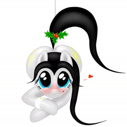 Size: 2200x2200 | Tagged: safe, artist:thepianistmare, oc, oc only, oc:klavinova, beauty mark, black hair, blushing, buttcrack, holly, holly mistaken for mistletoe, large butt, looking at you, plump, prone, simple background, smiling, solo, the ass was fat, white background