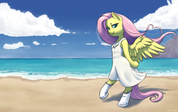 Size: 1702x1074 | Tagged: safe, artist:draneas, character:fluttershy, species:pony, arm hooves, beach, bipedal, clothing, cute, dress, female, lidded eyes, looking at you, semi-anthro, solo, spread wings, white dress, windswept mane, wings