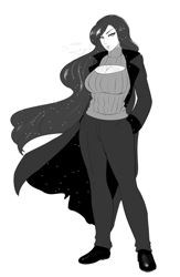 Size: 800x1230 | Tagged: safe, artist:lvl, character:princess luna, species:human, breasts, busty princess luna, clothing, doodle, female, grayscale, humanized, keyhole turtleneck, longcoat, monochrome, open-chest sweater, solo, sweater, turtleneck