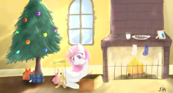 Size: 1440x780 | Tagged: safe, artist:dashy21, character:princess celestia, christmas tree, cookie, female, fireplace, milk, puppet, solo, tree, window