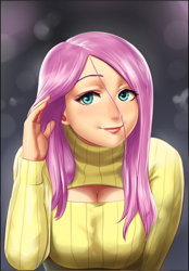 Size: 1000x1436 | Tagged: safe, artist:lvl, character:fluttershy, species:human, breasts, busty fluttershy, cleavage, clothing, female, humanized, keyhole turtleneck, looking at you, open-chest sweater, solo, sweater, sweatershy, turtleneck