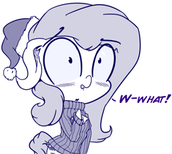 Size: 1401x1251 | Tagged: safe, artist:krucification, character:flutterbat, character:fluttershy, blushing, bottomless, clothing, female, hat, keyhole turtleneck, monochrome, open-chest sweater, partial nudity, santa hat, solo, sweater, sweatershy, turtleneck