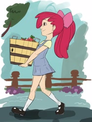 Size: 1200x1600 | Tagged: safe, artist:thelivingmachine02, character:apple bloom, species:human, apple, apple bloom's bow, bow, bucket, clothing, denim, denim dress, dress, female, gimp, hair bow, humanized, mary janes, solo
