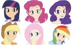 Size: 2000x1200 | Tagged: safe, artist:thelivingmachine02, character:applejack, character:fluttershy, character:pinkie pie, character:rainbow dash, character:rarity, character:twilight sparkle, species:human, female, gimp, humanized, mane six, simple background, smiling, wallpaper, white background