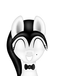 Size: 640x800 | Tagged: safe, artist:thepianistmare, oc, oc only, oc:klavinova, beauty mark, black hair, bow tie, cute, eyes closed, grin, portrait, simple background, smiling, squee, white background