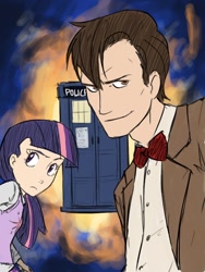 Size: 768x1024 | Tagged: safe, artist:thelivingmachine02, character:doctor whooves, character:time turner, character:twilight sparkle, species:human, doctor who, eleventh doctor, female, gimp, humanized, looking at you, male, tardis, the doctor, time lord