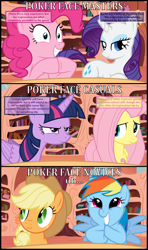 Size: 1920x3239 | Tagged: safe, artist:eagle1division, character:applejack, character:fluttershy, character:pinkie pie, character:rainbow dash, character:rarity, character:twilight sparkle, character:twilight sparkle (alicorn), species:alicorn, bad poker face, comic, dashface, glare, golden oaks library, grin, liar face, liarjack, mane six, poker, poker face, scrunchy face, shy, smiling, text