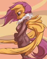 Size: 1280x1600 | Tagged: safe, artist:ruby, character:scootaloo, species:anthro, species:pegasus, g4, abstract background, breasts, clothing, female, jacket, mare, older, profile, signature, solo, spread wings, windswept mane, wings