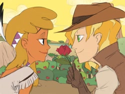 Size: 1024x768 | Tagged: safe, artist:thelivingmachine02, character:braeburn, character:little strongheart, species:human, ship:braeheart, appleloosa, eye contact, female, gimp, humanized, looking at each other, male, rose, shipping, straight
