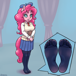 Size: 2000x2000 | Tagged: safe, artist:draneas, character:pinkie pie, species:anthro, species:plantigrade anthro, clothing, feet, female, foot fetish, foot focus, hosed feet, hypnosis, missing shoes, pantyhose, school uniform, soles, solo