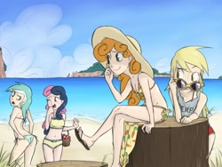 Size: 1024x768 | Tagged: safe, artist:thelivingmachine02, character:bon bon, character:carrot top, character:derpy hooves, character:golden harvest, character:lyra heartstrings, character:sweetie drops, species:human, ass, basket, beach, belly button, bikini, bikini babe, blue swimsuit, breasts, butt, clothing, dat butt, feet, female, flatyra, flip-flops, gimp, glasses, human coloration, humanized, leaning, lip bite, lyra hindstrings, open mouth, orange swimsuit, sandals, side-tie bikini, sitting, skinny, small breasts, smiling, sunglasses, swimsuit, tree stump, underp, wedgie, wide eyes, wink, yellow swimsuit