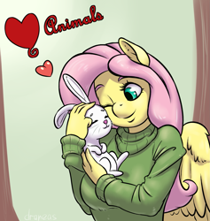 Size: 1681x1771 | Tagged: safe, artist:draneas, character:angel bunny, character:fluttershy, species:anthro, clothing, female, heart, solo, sweater, sweatershy, valentine's day