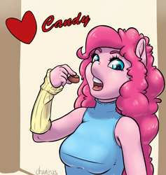 Size: 1681x1771 | Tagged: safe, artist:draneas, character:pinkie pie, species:anthro, chocolate, clothing, female, heart, solo, valentine's day