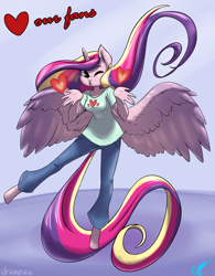 Size: 1890x2427 | Tagged: safe, artist:cynux, artist:draneas, character:princess cadance, species:anthro, species:unguligrade anthro, clothing, female, heart, simple background, solo, valentine's day