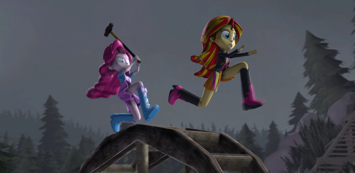 Size: 720x350 | Tagged: safe, artist:argodaemon, artist:creatorofpony, artist:jspzyhl, character:pinkie pie, character:sunset shimmer, my little pony:equestria girls, 3d, animated, boots, chase, clothing, female, hammer, high heel boots, imminent murder, jacket, leather jacket, legs, psycho, running, running in place, scared, shimmerbuse, skirt, skirt lift, sledgehammer, source filmmaker, tree, wat, watermill, wheel