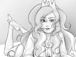 Size: 1024x768 | Tagged: safe, artist:thelivingmachine02, character:princess celestia, species:human, barefoot, breasts, cleavage, crown, feet, female, foot fetish, gimp, grayscale, humanized, jewelry, looking at you, monochrome, prone, regalia, smiling, soles, solo