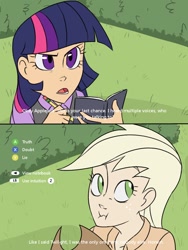 Size: 768x1024 | Tagged: safe, artist:thelivingmachine02, character:applejack, character:twilight sparkle, species:human, :t, book, crossover, duo, female, gimp, humanized, l.a. noire, liar face, liarjack, looking back, parody, scrunchy face, subtitles
