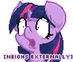 Size: 482x406 | Tagged: safe, artist:krucification, character:twilight sparkle, species:pony, descriptive noise, frown, horrified, horse noises, horses doing horse things, meme, neigh, open mouth, pixel art, portrait, reaction image, simple background, white background, wide eyes, x externally