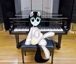 Size: 3900x3290 | Tagged: safe, artist:thepianistmare, oc, oc only, oc:klavinova, black hair, crossed legs, irl, photo, piano, ponies in real life, pose, smiling