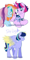 Size: 410x810 | Tagged: safe, artist:hazurasinner, oc, oc only, oc:starchaser, oc:windy belle, parent:fluttershy, parent:oc:starchaser, parent:oc:windy belle, parent:pinkie pie, parent:rainbow dash, parent:twilight sparkle, parents:flutterdash, parents:oc x oc, parents:twinkie, species:pegasus, species:pony, species:unicorn, baby, baby pony, colored wings, female, gradient wings, lesbian, magical lesbian spawn, offspring, offspring shipping, offspring's offspring, shipping, watermark