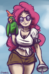 Size: 528x785 | Tagged: safe, artist:draneas, character:pinkie pie, species:human, species:parrot, 30 minute art challenge, eyepatch, female, hand puppet, humanized, pirate, puppet, solo, sword