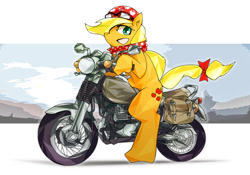 Size: 1144x800 | Tagged: safe, artist:tyuubatu, character:applejack, arm hooves, biker, female, motorcycle, pixiv, solo