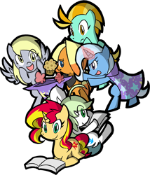 Size: 710x829 | Tagged: safe, artist:rvceric, character:derpy hooves, character:lightning dust, character:sunset shimmer, character:trixie, oc, oc:emerald green, oc:flint trigger, species:pony, alternate mane six, book, group, muffin, pixiv, simple background, transparent background