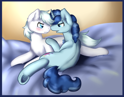 Size: 1024x799 | Tagged: safe, artist:mondlichtkatze, character:double diamond, character:party favor, blushing, cuddling, cute, cutie mark, gay, male, partydiamond, sheet, shipping, snuggling, underhoof