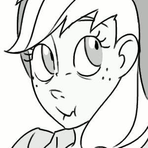 Size: 300x300 | Tagged: safe, artist:thelivingmachine02, character:applejack, species:human, animated, clothing, female, freckles, gif, gimp, hat, humanized, liar face, liarjack, monochrome, scrunchy face, shifty eyes, simple background, solo, white background