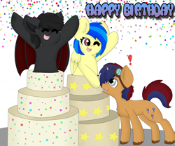 Size: 3000x2500 | Tagged: safe, artist:miss-jessiie, oc, oc only, oc:electric spark, oc:qetesh, oc:silvia, species:bat pony, species:pegasus, species:pony, species:unicorn, birthday, cake, confetti, goggles, happy birthday, silspark