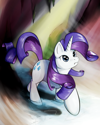 Size: 1600x2000 | Tagged: safe, artist:ruby, character:rarity, species:pony, species:unicorn, cave, female, looking up, raised hoof, solo, stalactite, water